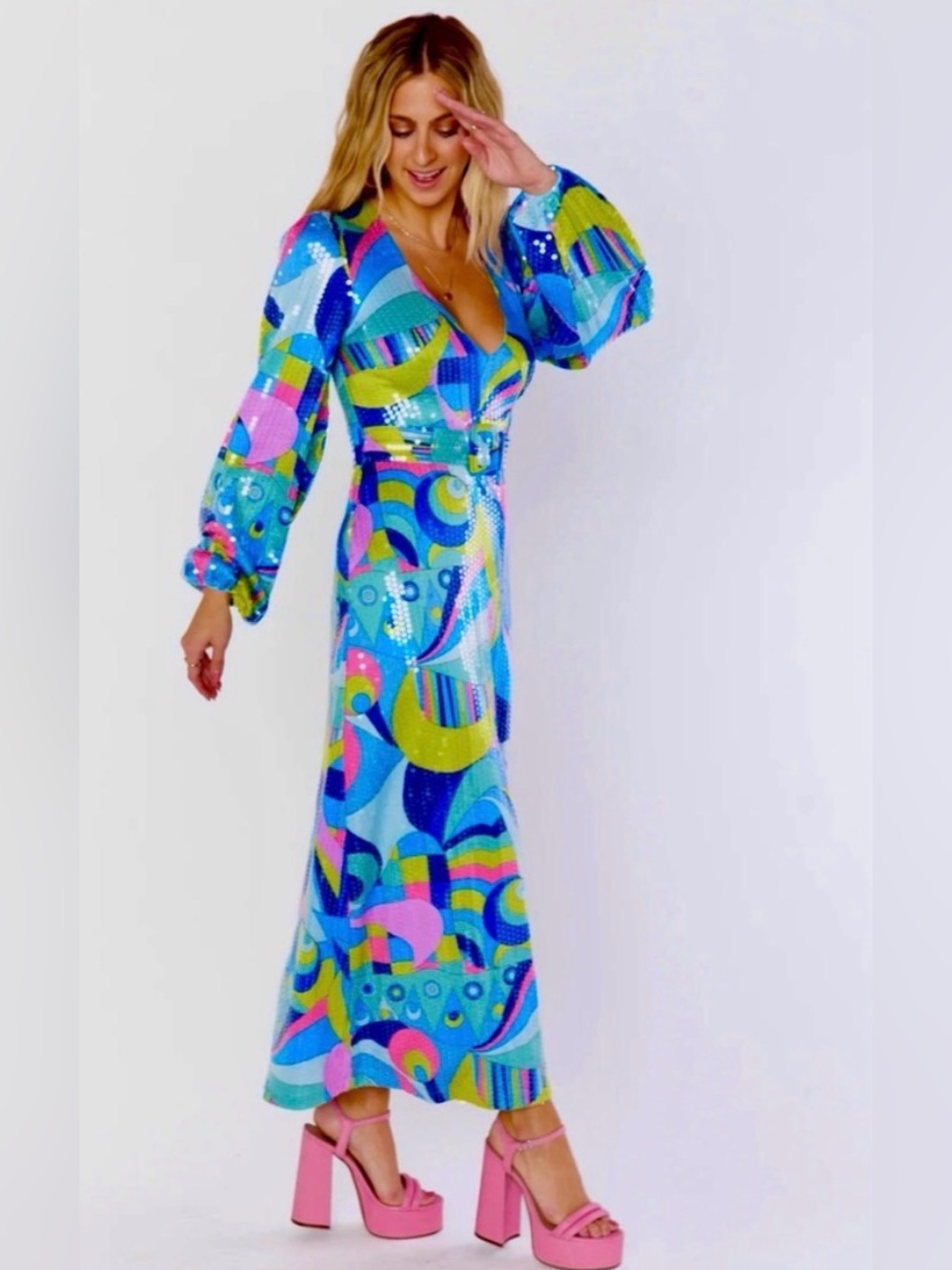 Show Me Your Mumu Multicolor Abstract Midi Dress - Blue, Pink, Yellow, Green